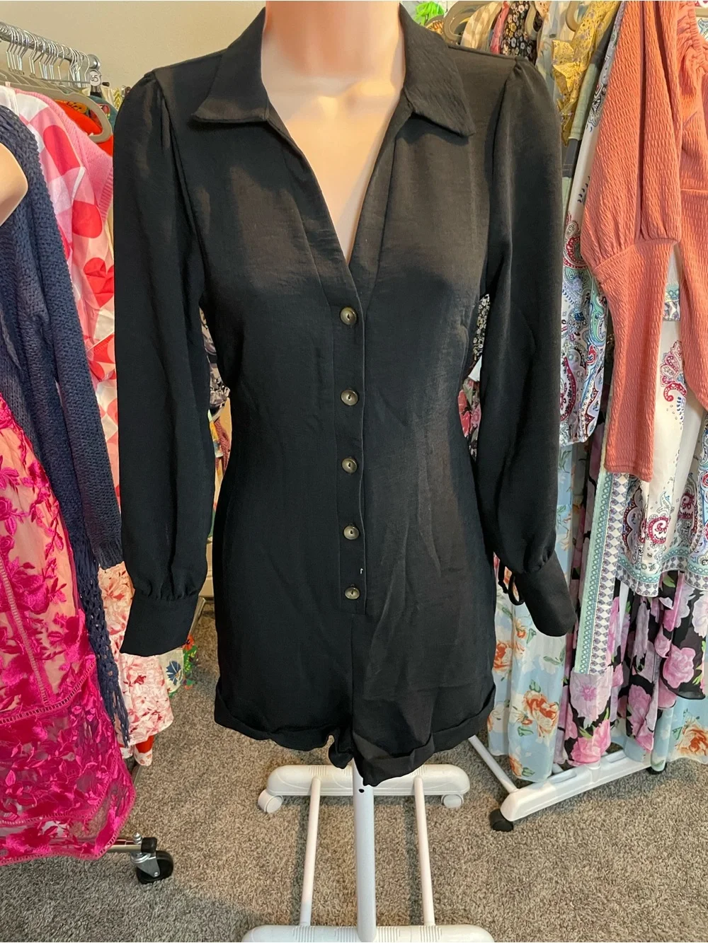 Le Lis Black Button-Front Tie-Waist Shorts Romper